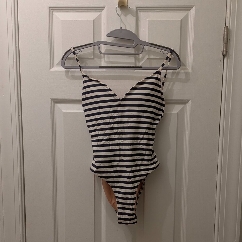 J.Crew Navy and White Striped Low-Back One Piece Bathing Suit - Size 4